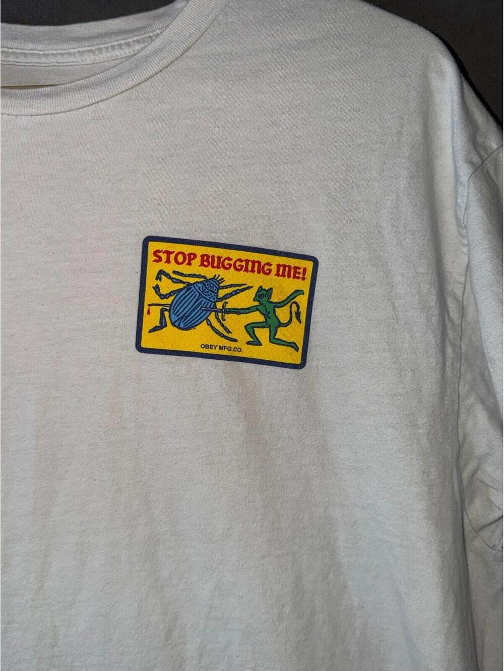 Obey Stop Bugging Me Shirt Large White Devil Beetle Graphic Tee Mens L Cotton - Picture 2 of 7